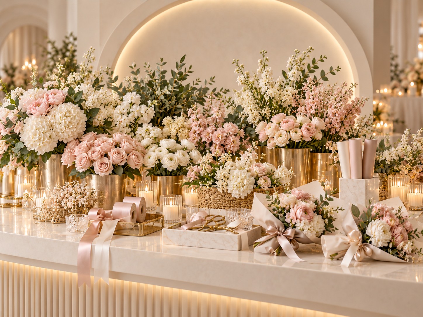 Romantic faux floral bouquet station